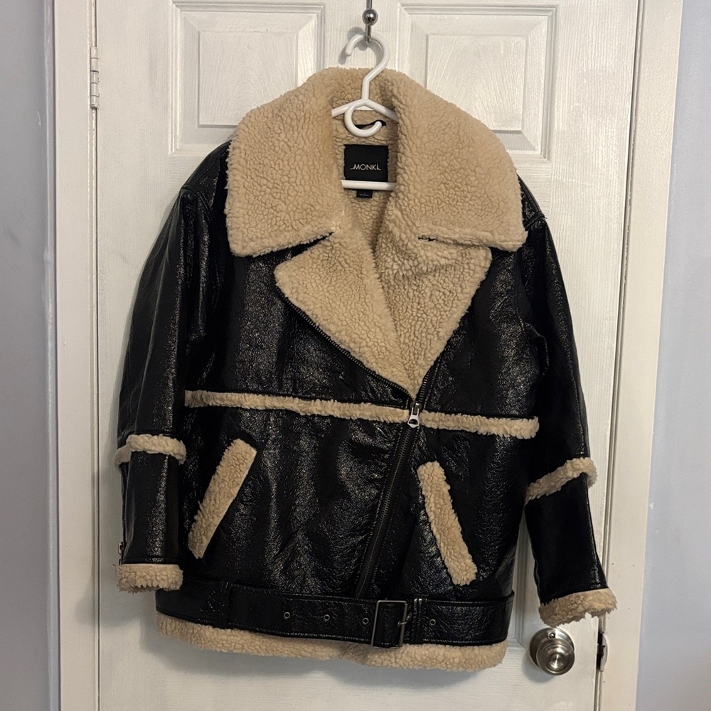Monki Black and Tan Teddy Aviator Jacket